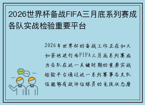 2026世界杯备战FIFA三月底系列赛成各队实战检验重要平台