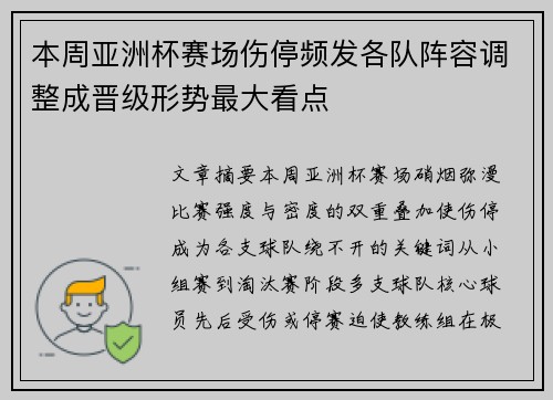 本周亚洲杯赛场伤停频发各队阵容调整成晋级形势最大看点